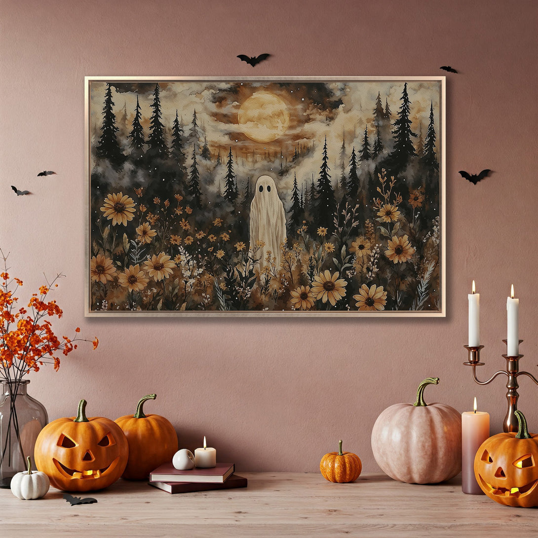 Framed Wall Art: Spooky ghost in a watercolor forest with a warm, autumnal color palette. Perfect Halloween decor for your home!