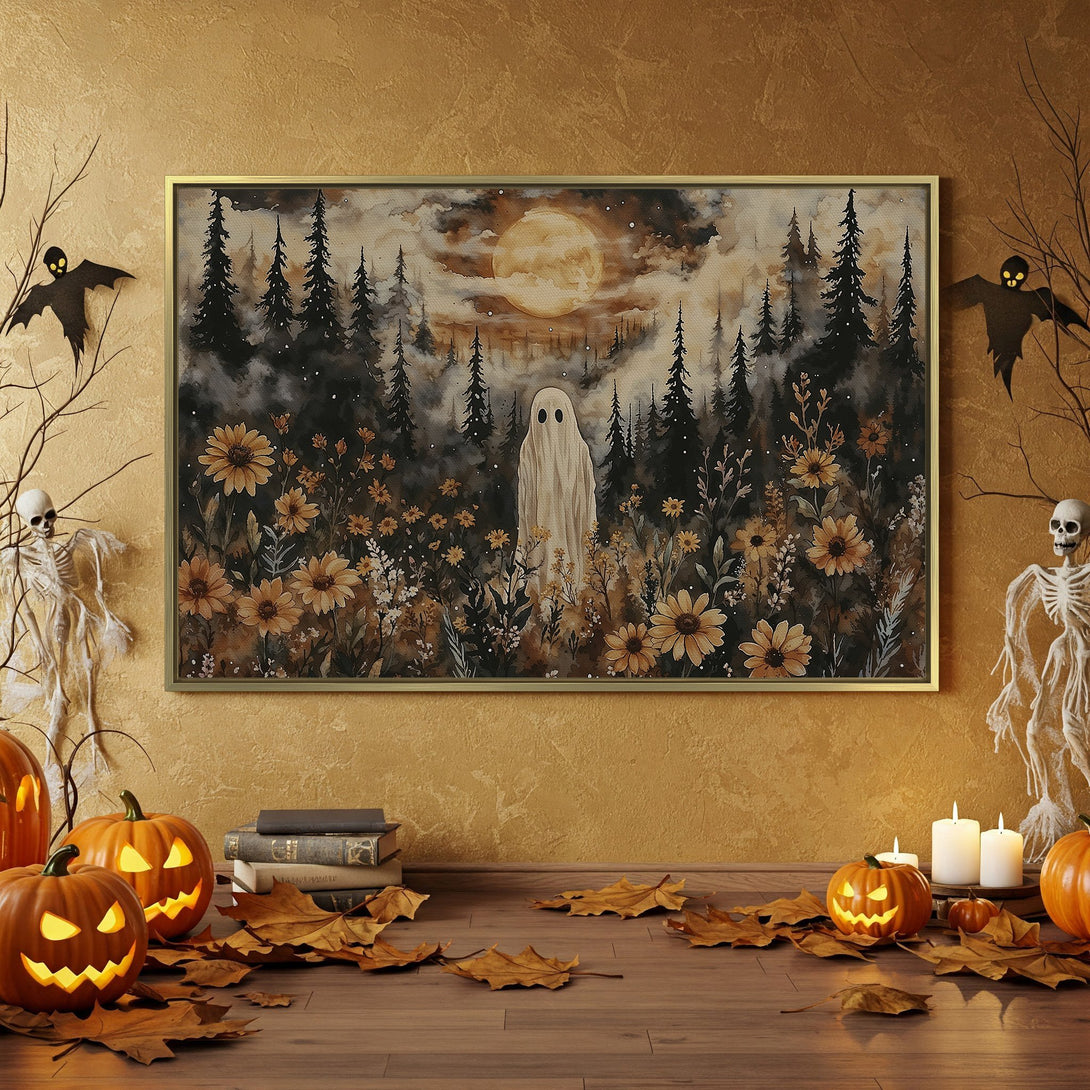 Canvas Print: Spooky Halloween wall art. Watercolor style forest scene with ghost, moon, and warm color palette. Perfect for seasonal decor!