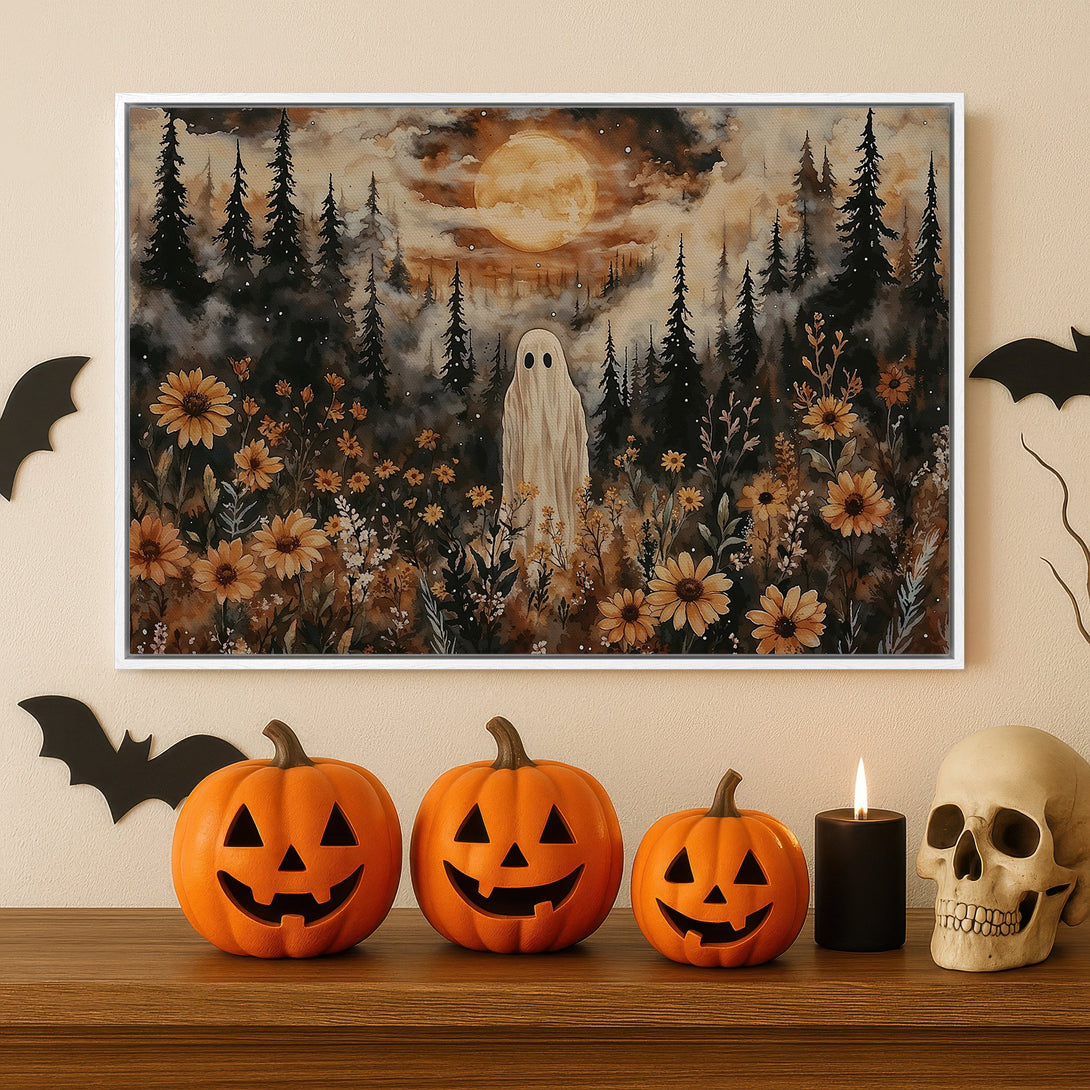 Framed Wall Art: Spooky ghost in a watercolor forest with a warm, autumnal color palette. Perfect Halloween decor! Shop our unique Canvas Prints.