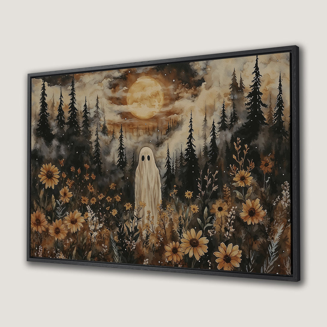 Framed Wall Art: Spooky ghost in a forest with sunflowers, watercolor style, warm brown and yellow tones. Perfect Halloween decor!