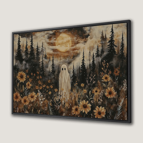 Framed Wall Art: Spooky ghost in a forest with sunflowers, watercolor style, warm brown and yellow tones. Perfect Halloween decor!