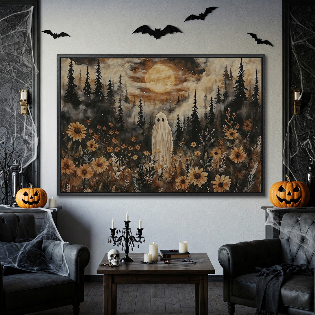 Framed Wall Art: Spooky ghost in a forest scene, watercolor style, warm autumn color palette perfect for Halloween decor.
