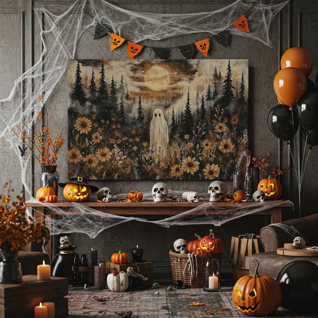 Framed Wall Art featuring a spooky ghost in a forest. Watercolor style with warm, autumnal color palette. Perfect Halloween decor!