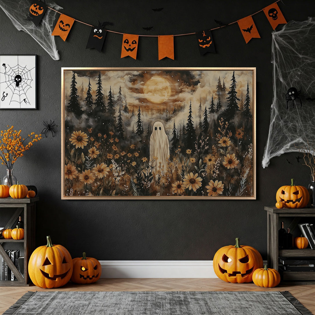 Framed Wall Art: Spooky ghost scene in sepia tones. Perfect Halloween decor. Watercolor style canvas print with a warm, earthy palette.