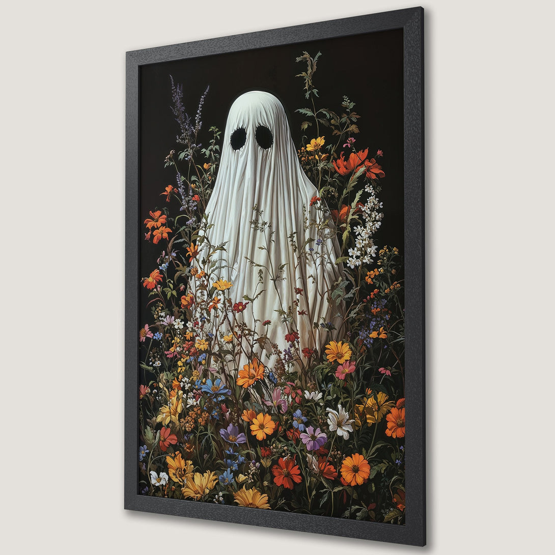 Framed Poster featuring a whimsical ghost in a floral garden, with a dark, moody background and a vibrant, colorful palette.