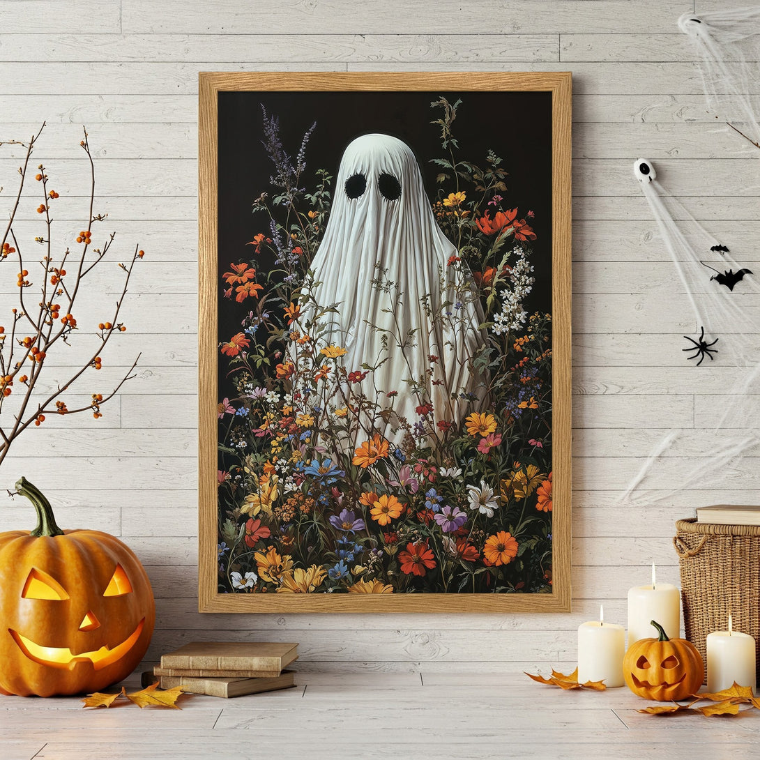 Framed Poster featuring a ghost in a floral garden, artistic style, with a black background and vibrant floral colors. Perfect Halloween decor!