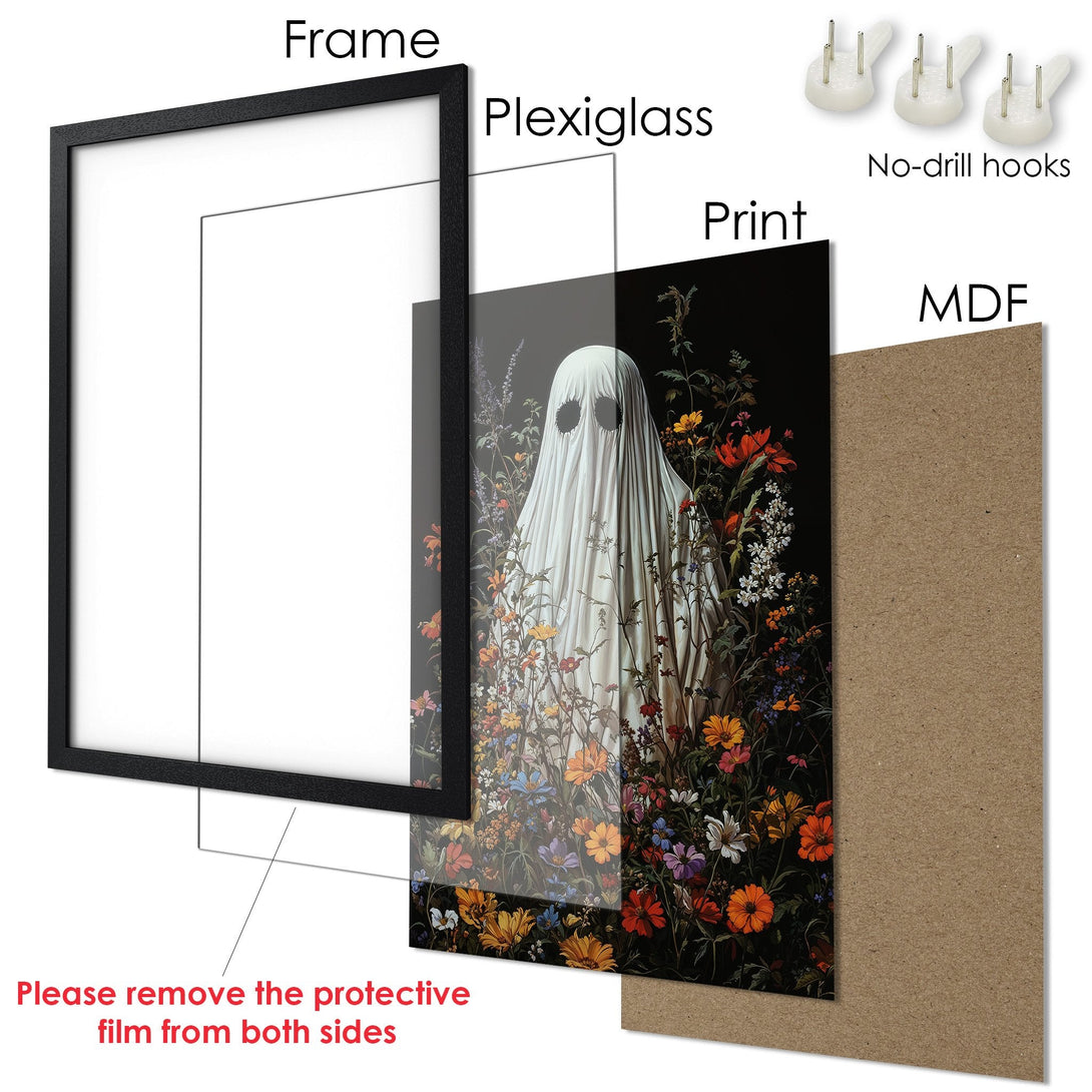 Framed Poster featuring a ghost in a floral garden, dark, moody style with vibrant colors. Perfect wall art!