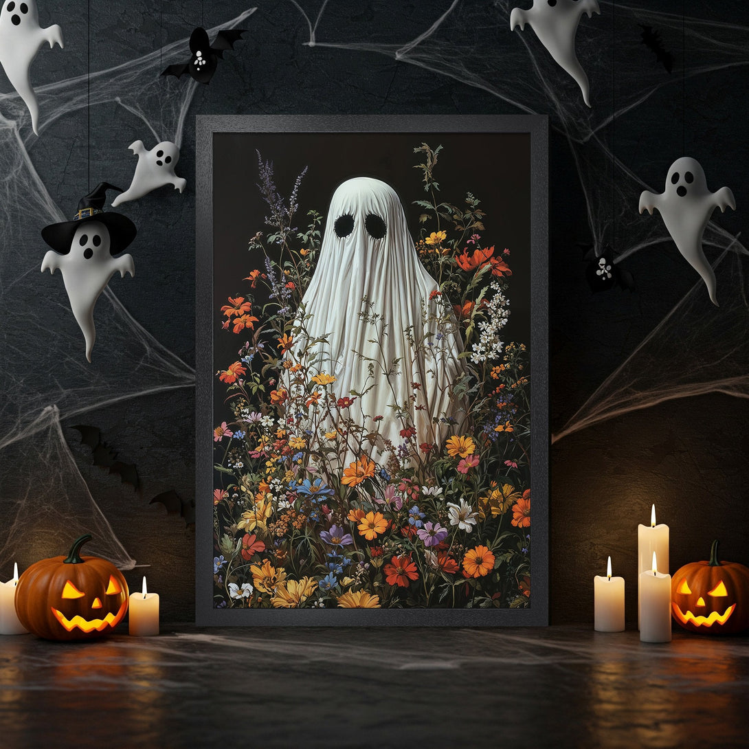 Framed Poster featuring a ghost in a floral garden, with a dark, moody style and a colorful palette. Perfect Halloween decor!