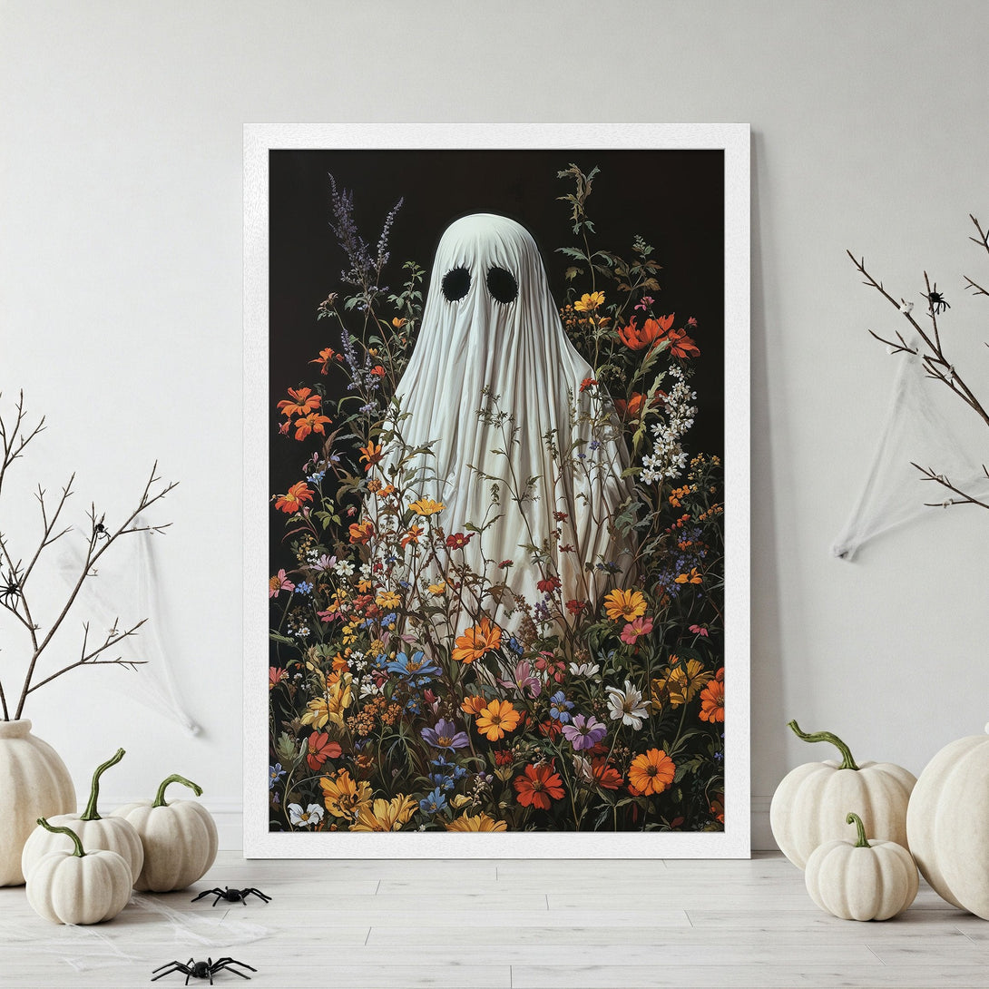 Framed Poster featuring a spooky ghost in a floral garden, vintage style. Color palette: black, white, orange, and purple. Halloween decor.