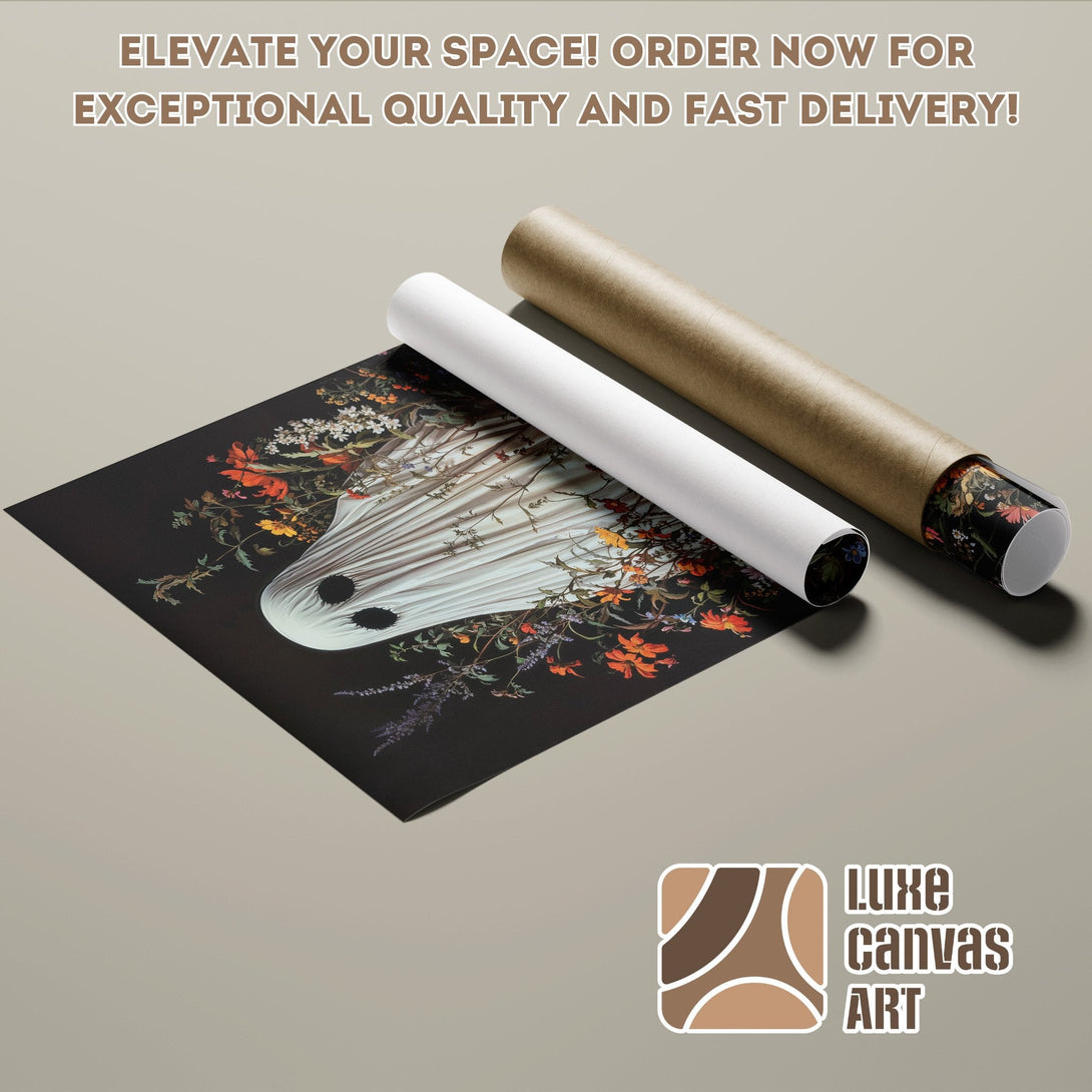 Poster Roll featuring a ghost with floral accents, dark and moody style, with a black and warm color palette.