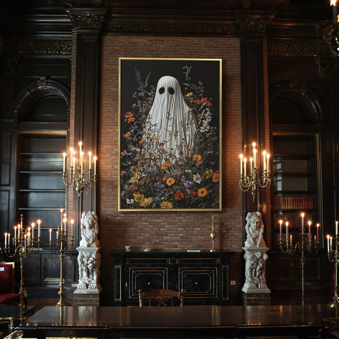Canvas Print featuring a whimsical ghost in a floral garden, rich colors on a black background, perfect for Halloween decor.
