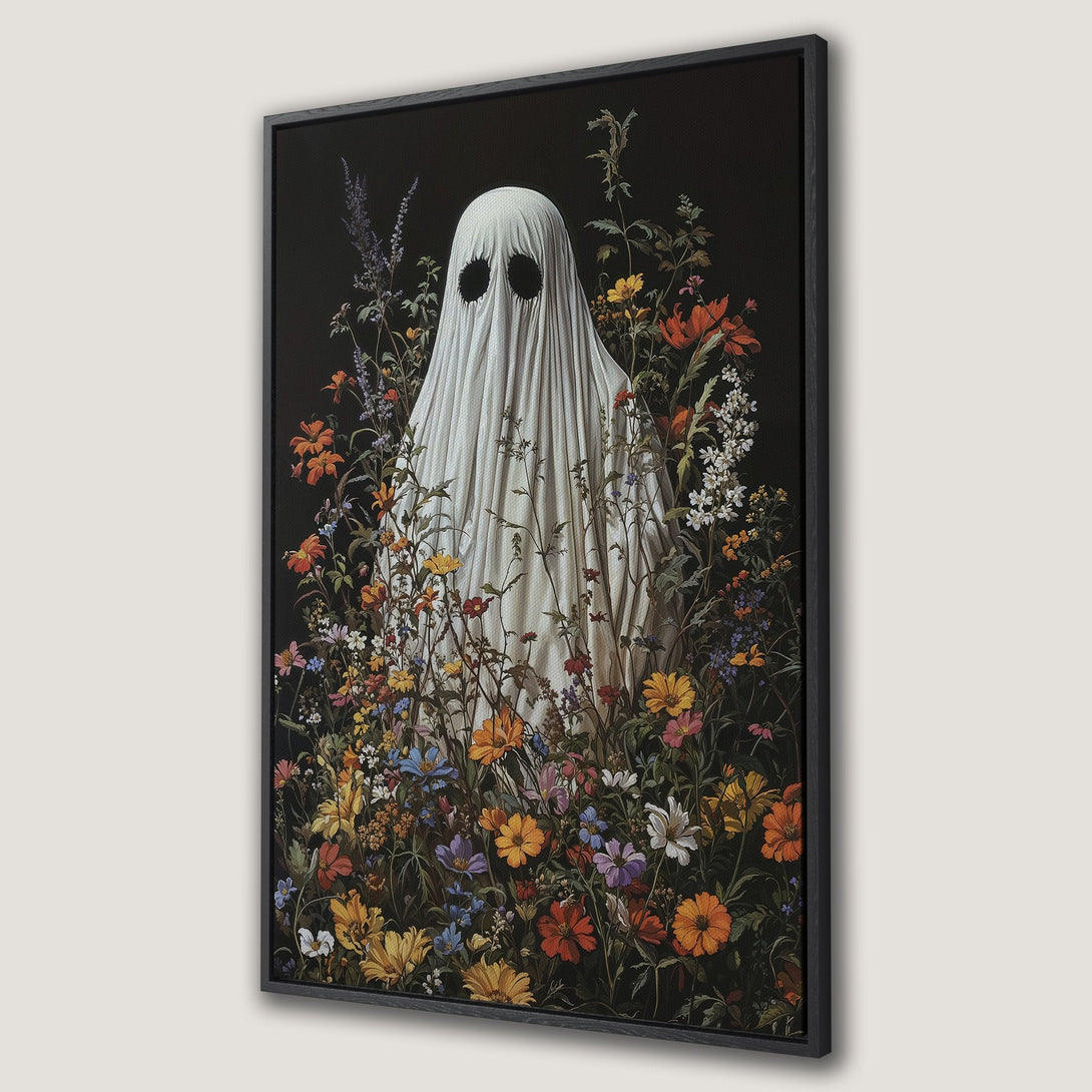 Framed Wall Art: Ghost in a floral garden. Vintage style with a dark, moody background and colorful blooms. Perfect for Halloween decor or unique art.