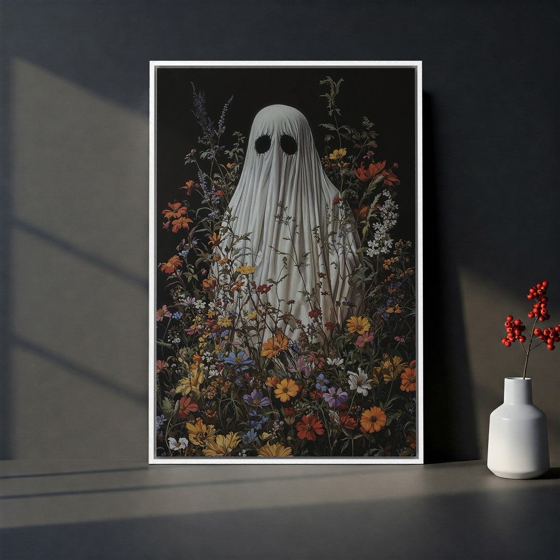 Framed Wall Art: Spooky ghost amidst vibrant floral arrangement. Dark, moody color palette with pops of color. Perfect for Halloween decor or unique art lovers.