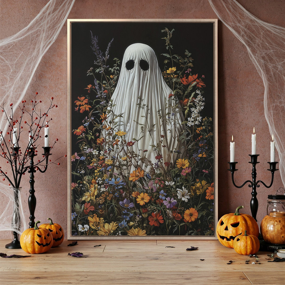 Framed Wall Art: Spooky ghost in a floral garden, dark & moody color palette. Perfect Halloween decor for a stylish, haunted home.