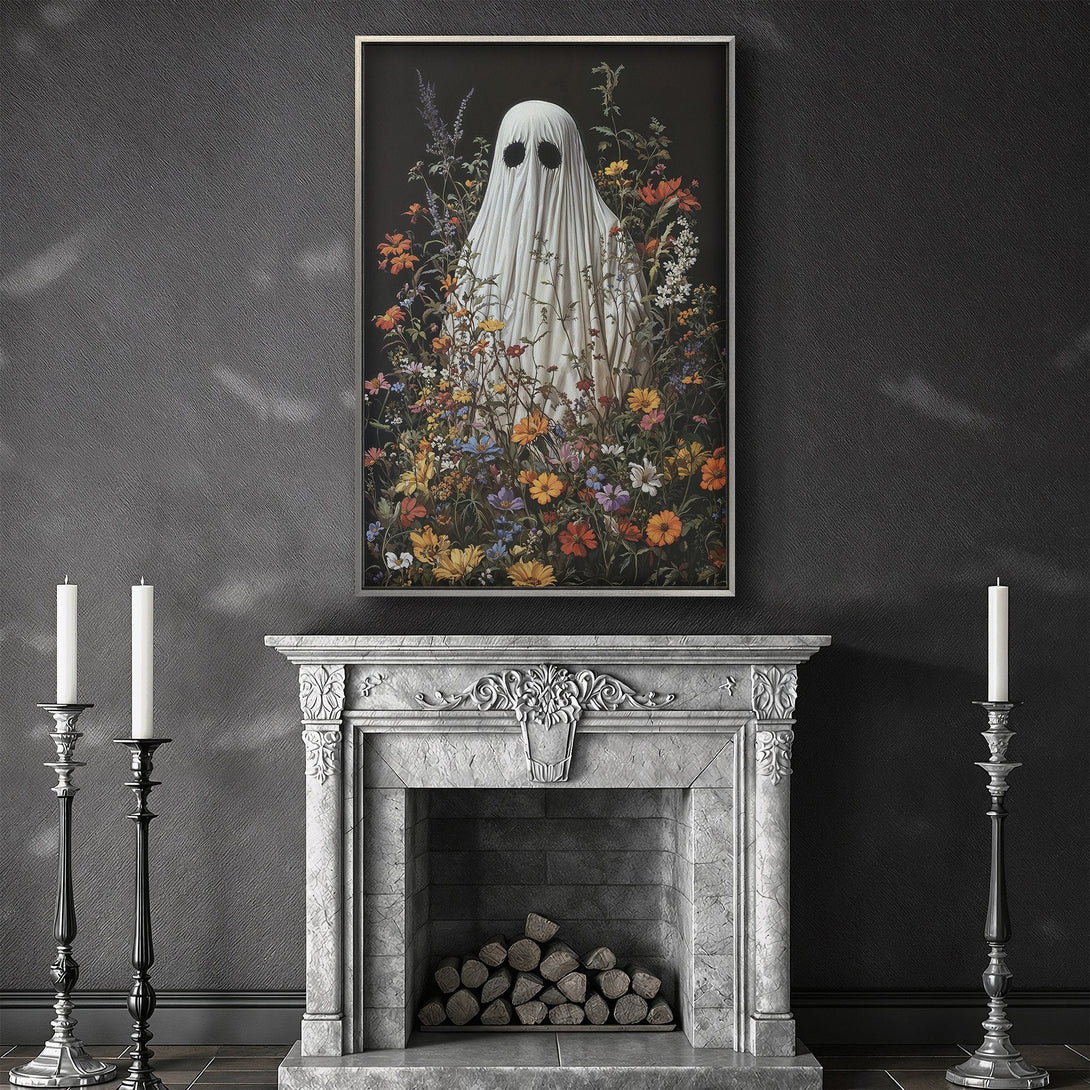 Framed Wall Art featuring a ghost in a floral garden. Dark, moody aesthetic with a colorful palette. Perfect for adding a touch of spooky elegance.