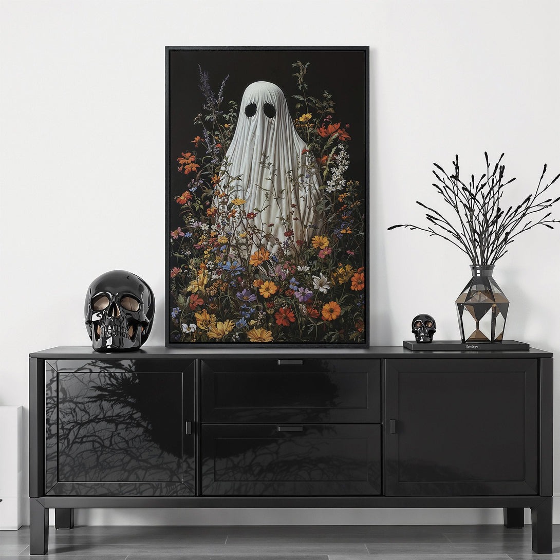 Framed Wall Art: Spooky ghost in a floral garden. Dark, moody aesthetic with a black frame. Perfect for adding a touch of gothic charm to your home decor.