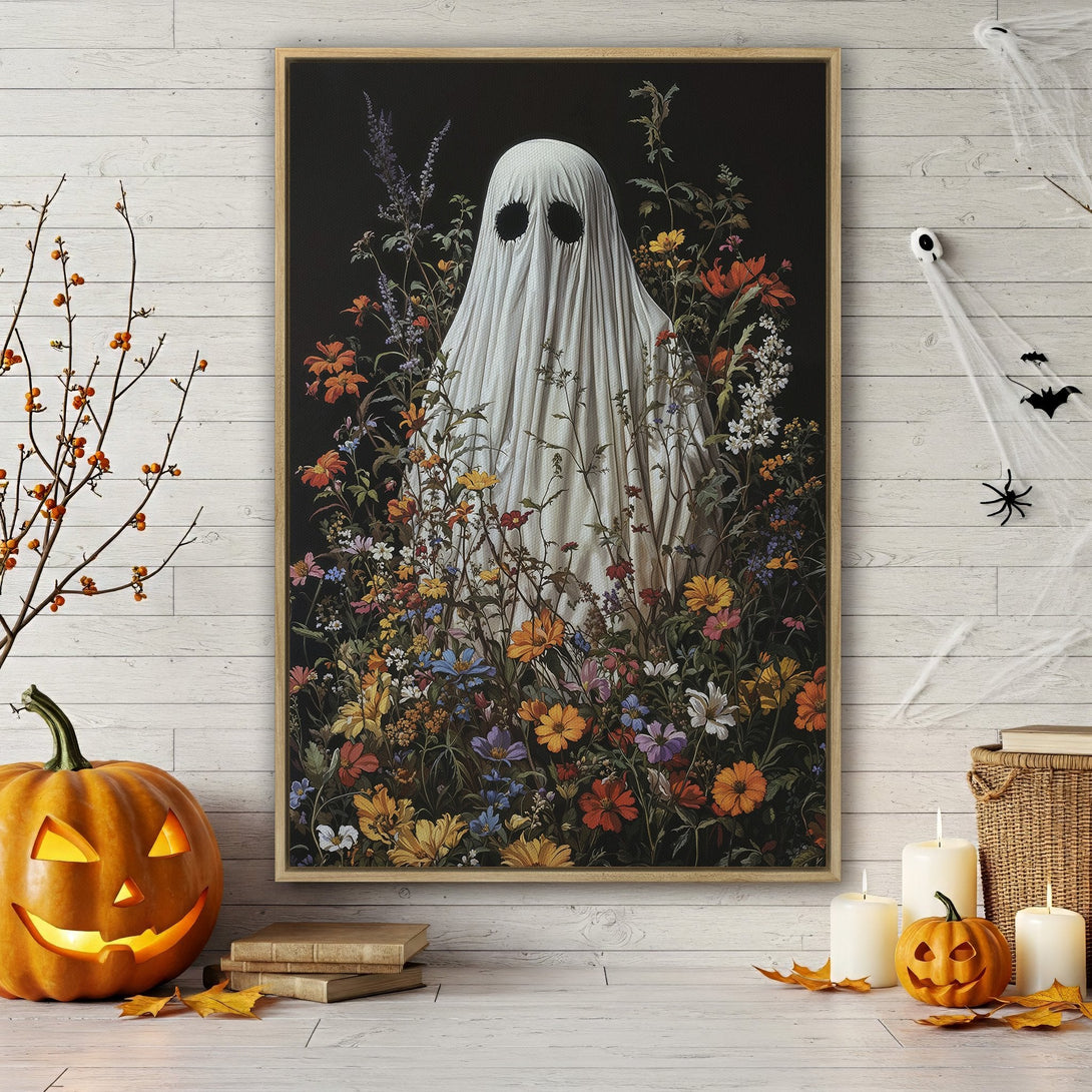 Framed Wall Art: Spooky ghost in a floral garden, dark background. Vintage style, rich color palette of orange, purple, and yellow. Perfect Halloween decor.
