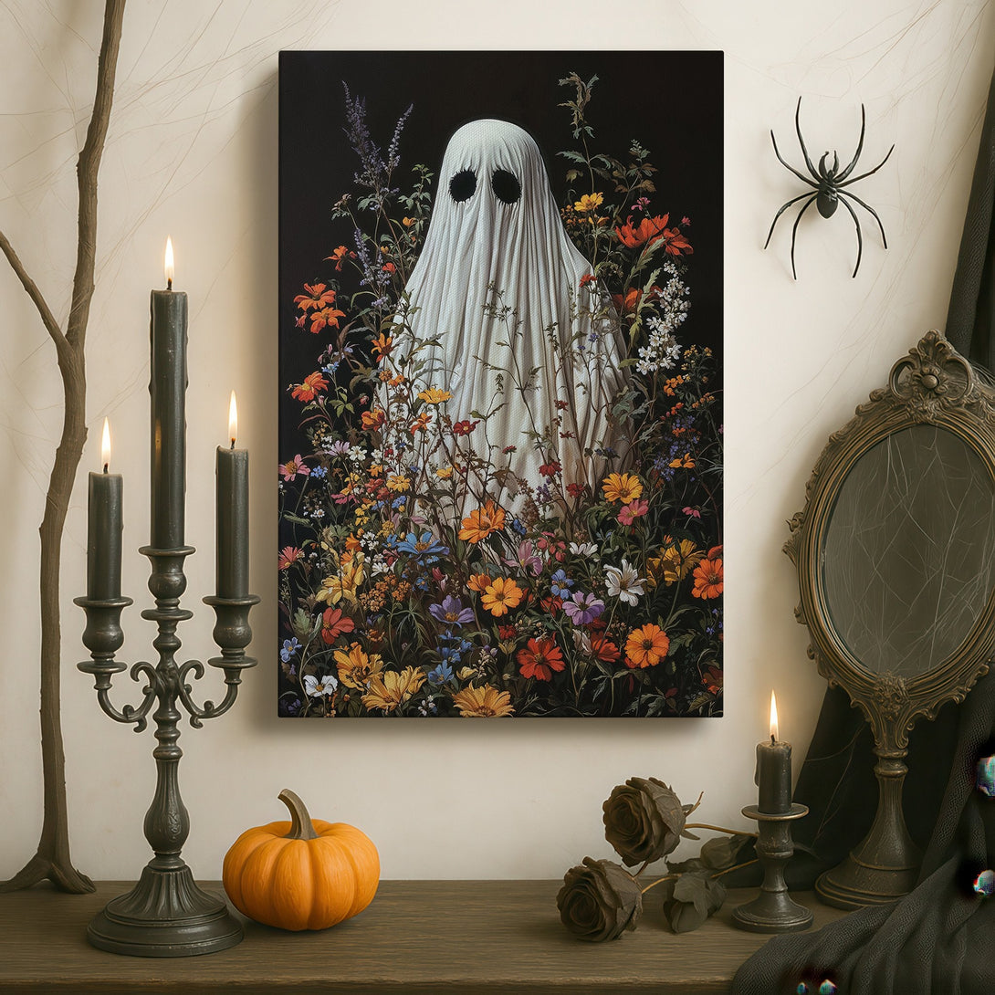 Framed Wall Art: Ghost in a floral field. Dark, moody aesthetic with a black, gold, and colorful palette. Perfect for adding a unique touch to any space.