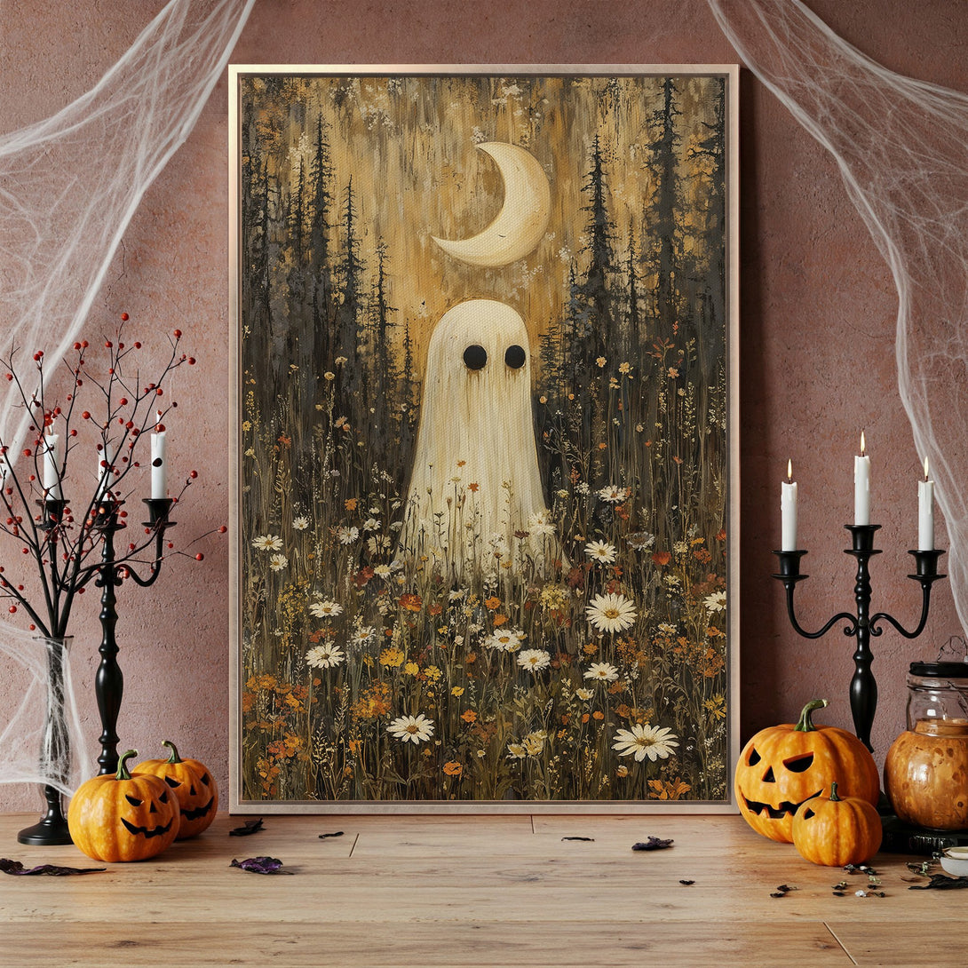 Framed Wall Art: Spooky ghost artwork in a forest setting, featuring a warm, autumnal color palette. Perfect Halloween decor for your home.