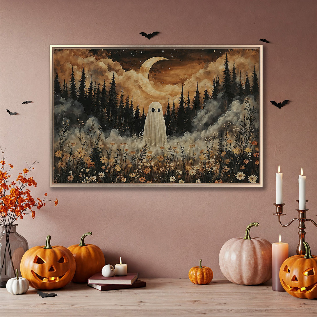 Framed Wall Art: Spooky ghost in a forest, warm autumnal tones. Perfect Halloween decor for your home. Shop now!