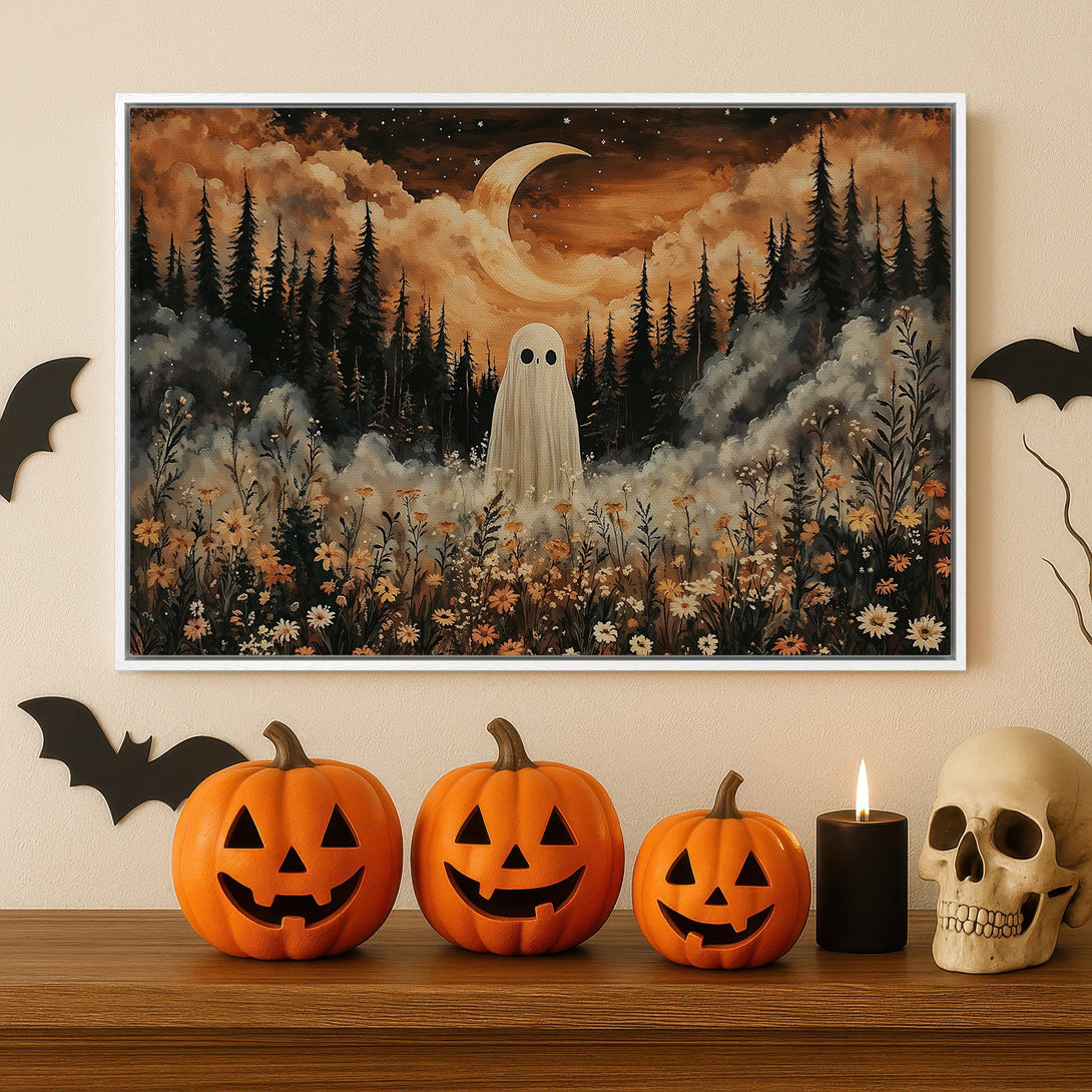 Framed Wall Art: Spooky ghost in a forest scene with warm orange and black tones. Perfect Halloween home decor!