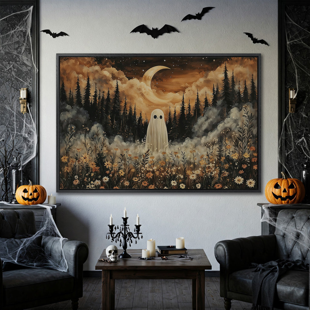 Framed Wall Art: Spooky ghost landscape in warm tones. Perfect Halloween decor! Adds a unique, artistic touch to your space.