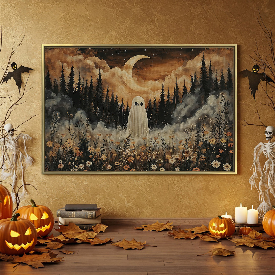 Halloween Canvas Print featuring a spooky forest scene in warm, autumnal tones. Perfect for adding a touch of eerie elegance to your decor.