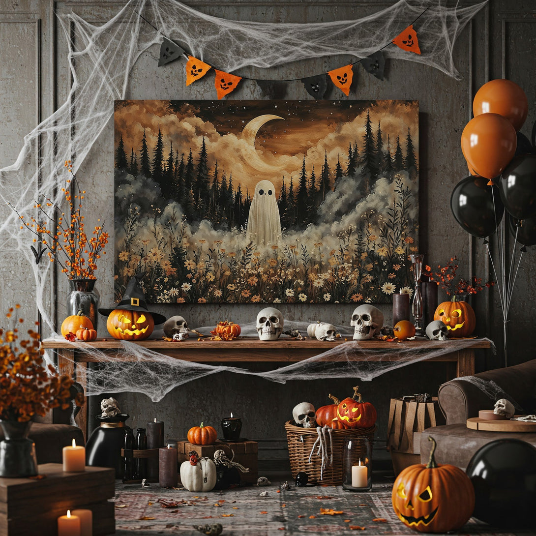 Framed Wall Art: Spooky ghost in a forest scene. Warm autumnal tones. Perfect Halloween decor! Add this unique canvas print to your home.