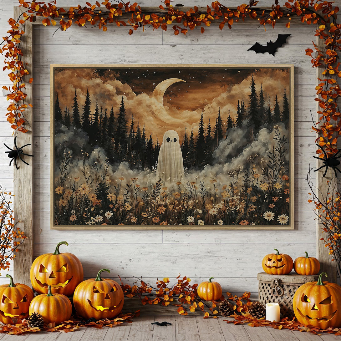 Framed Wall Art: Spooky ghost in a forest scene, warm autumn color palette. Perfect Halloween decor!