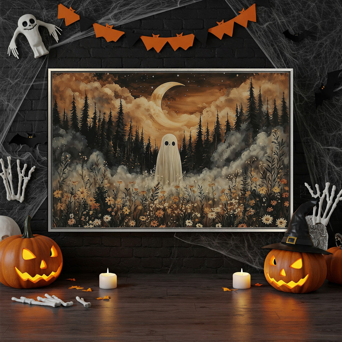 Framed Wall Art: Spooky ghost art in warm, autumnal tones. Perfect Halloween decor! Add a touch of eerie elegance with this unique canvas print.