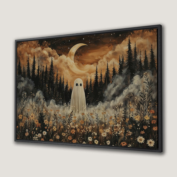Framed Wall Art: Spooky ghost in a forest scene, warm earth-toned palette. Perfect for Halloween decor! Add a touch of whimsy to your home.