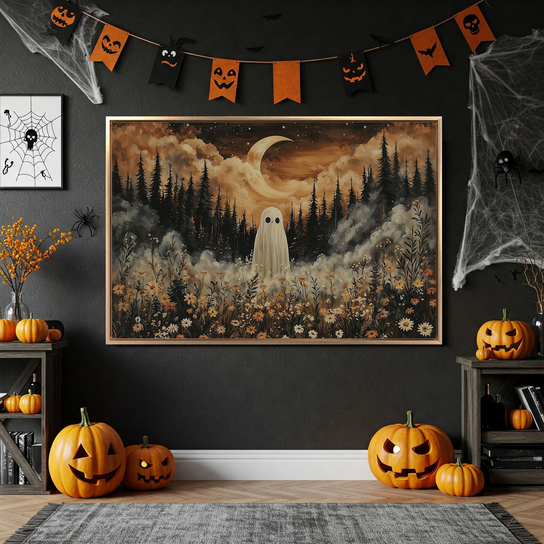 Framed Wall Art: Spooky ghost in forest, warm orange and brown tones. Perfect Halloween decor! Add this art print to your home for a festive vibe.