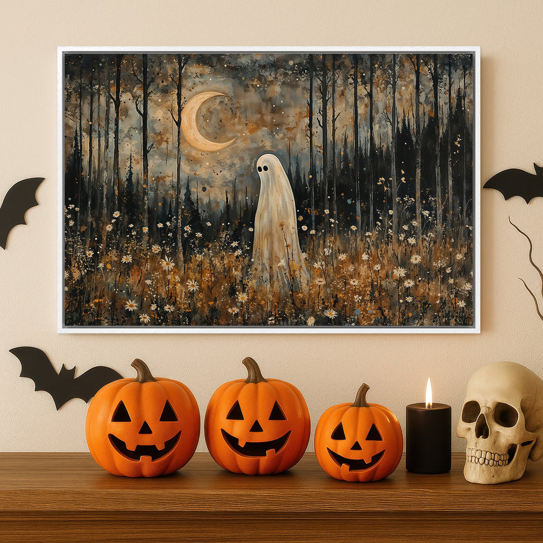 Framed Wall Art: Spooky ghost in a forest painting with a warm, autumnal color palette. Perfect Halloween decor for your home!