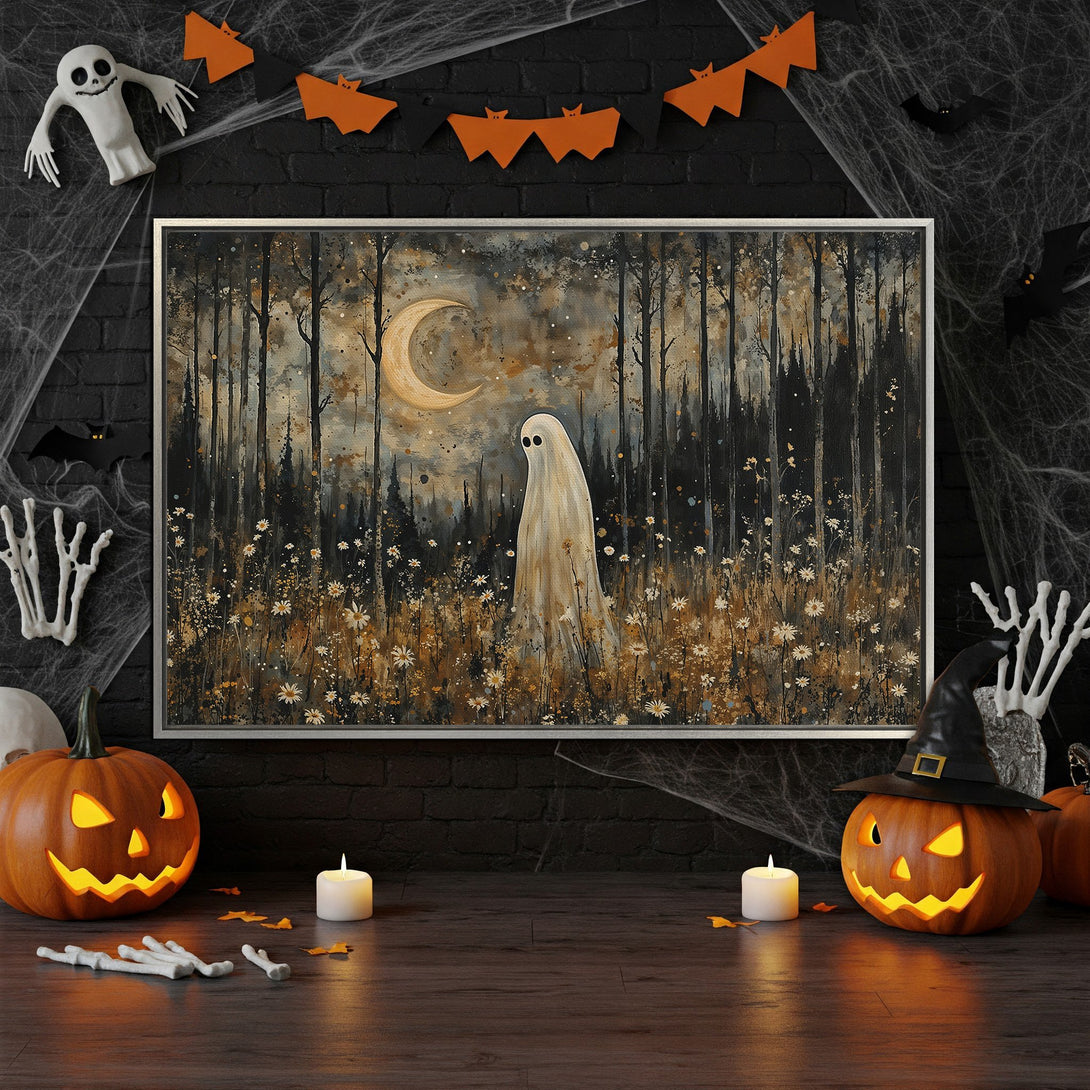 Framed Wall Art: Spooky ghost in a forest painting, moody style with warm earthy tones. Perfect Halloween decor.