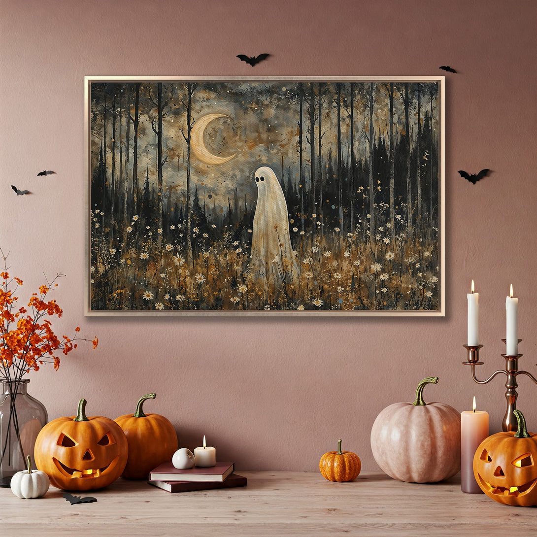 Framed Wall Art: Spooky ghost in a forest scene with a moon, in a moody, muted color palette. Perfect Halloween decor!