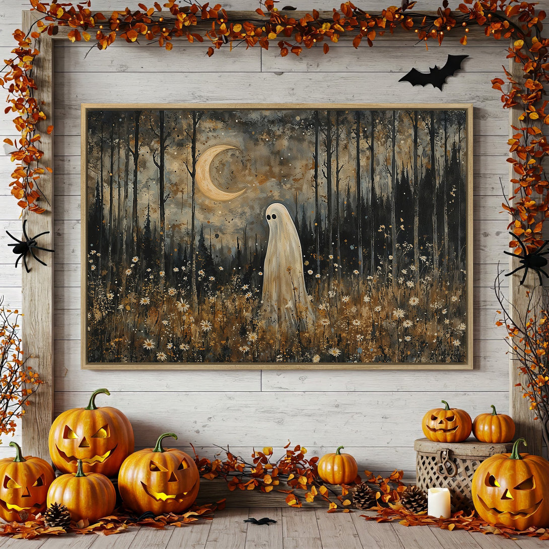 Framed Wall Art: Spooky ghost in a forest painting with a warm, autumnal color palette. Perfect Halloween decor.