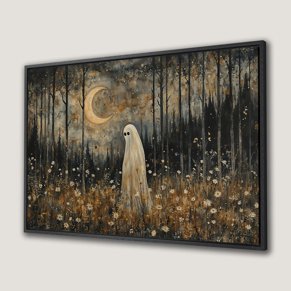Framed Wall Art: Spooky ghost in a moonlit forest, painted in a whimsical style with a muted, earthy color palette. Perfect Halloween decor.