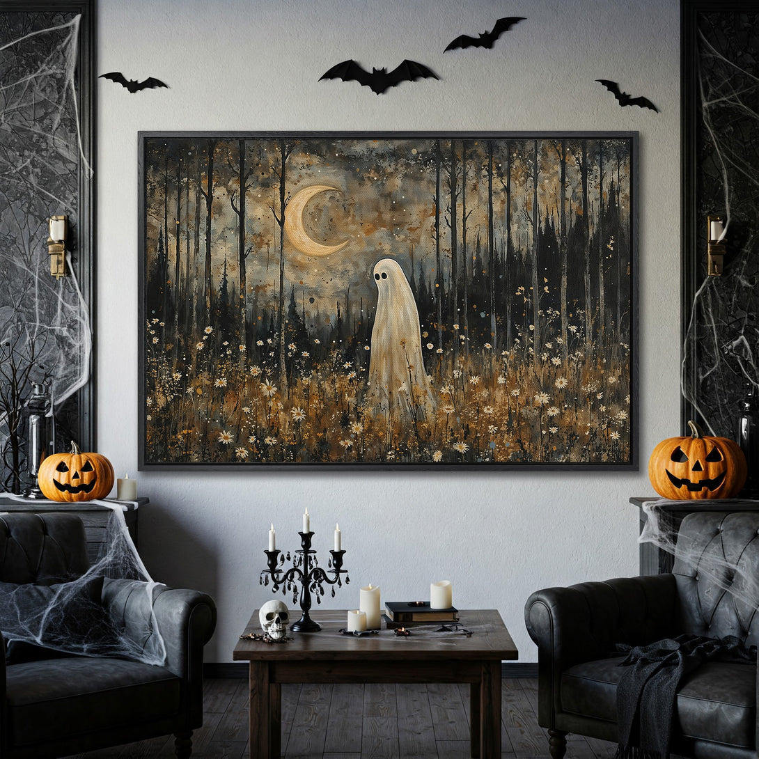 Framed Wall Art: Spooky ghost in a forest painting with a moon, in a muted, earthy color palette. Perfect Halloween decor!