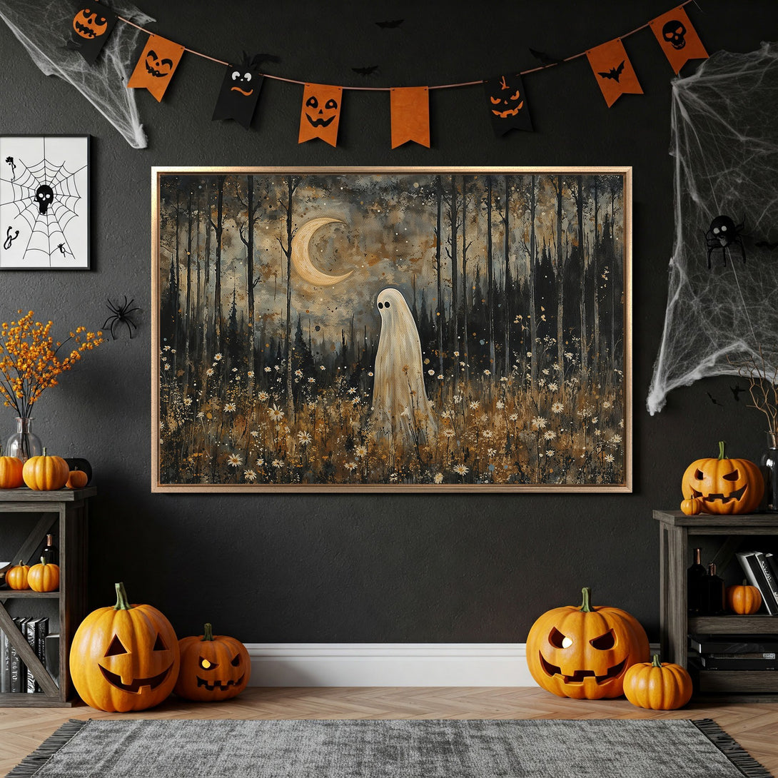 Framed Wall Art: Spooky ghost in forest scene, moody watercolor style, with gold, black, and orange Halloween decor. Perfect for fall & spooky season.