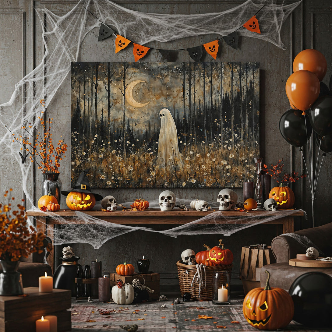 Framed Wall Art: Spooky ghost in a forest painting with a moon. Dark, moody color palette for Halloween decor. Perfect for a unique, artistic touch.