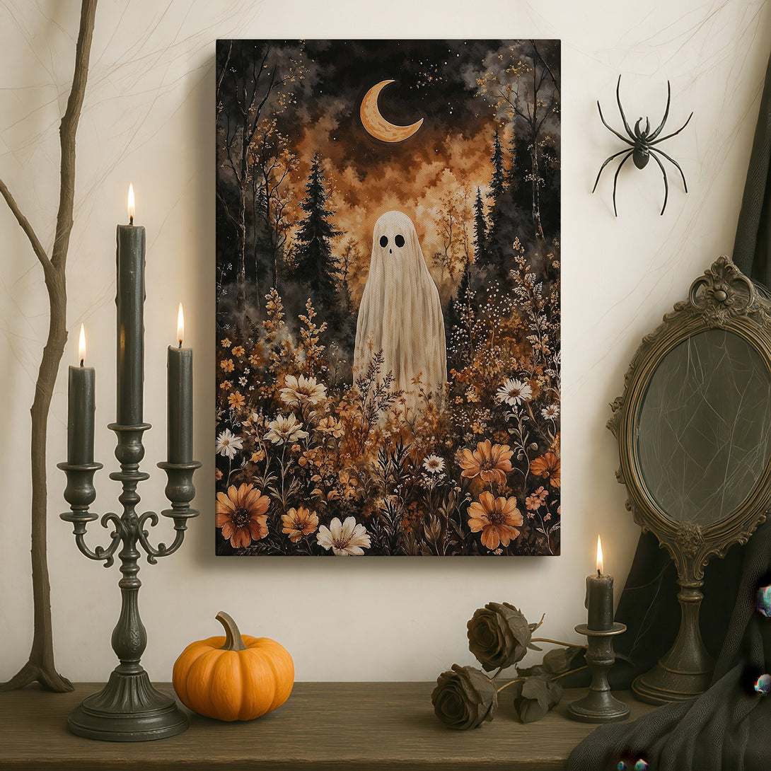 Framed Wall Art featuring a whimsical ghost in a floral field, with a warm, earthy color palette. Perfect for adding a touch of spooky charm to your space.