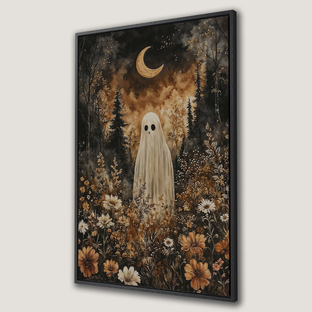 Framed Wall Art: Spooky ghost in a floral forest under a crescent moon. Watercolor style with a warm, earthy color palette. Perfect for adding a touch of whimsy!