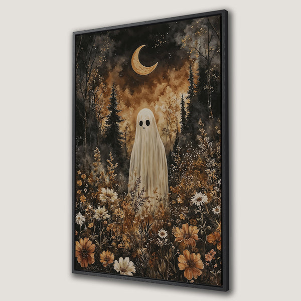Framed Wall Art: Spooky ghost in a floral forest under a crescent moon. Watercolor style with a warm, earthy color palette. Perfect for adding a touch of whimsy!