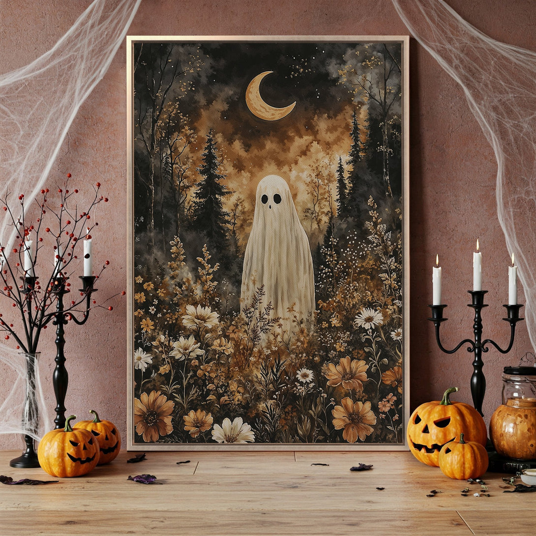 Framed Wall Art: Spooky ghost in a floral forest scene. Watercolor style, warm brown and gold tones. Perfect Halloween decor for a cozy, haunted vibe.