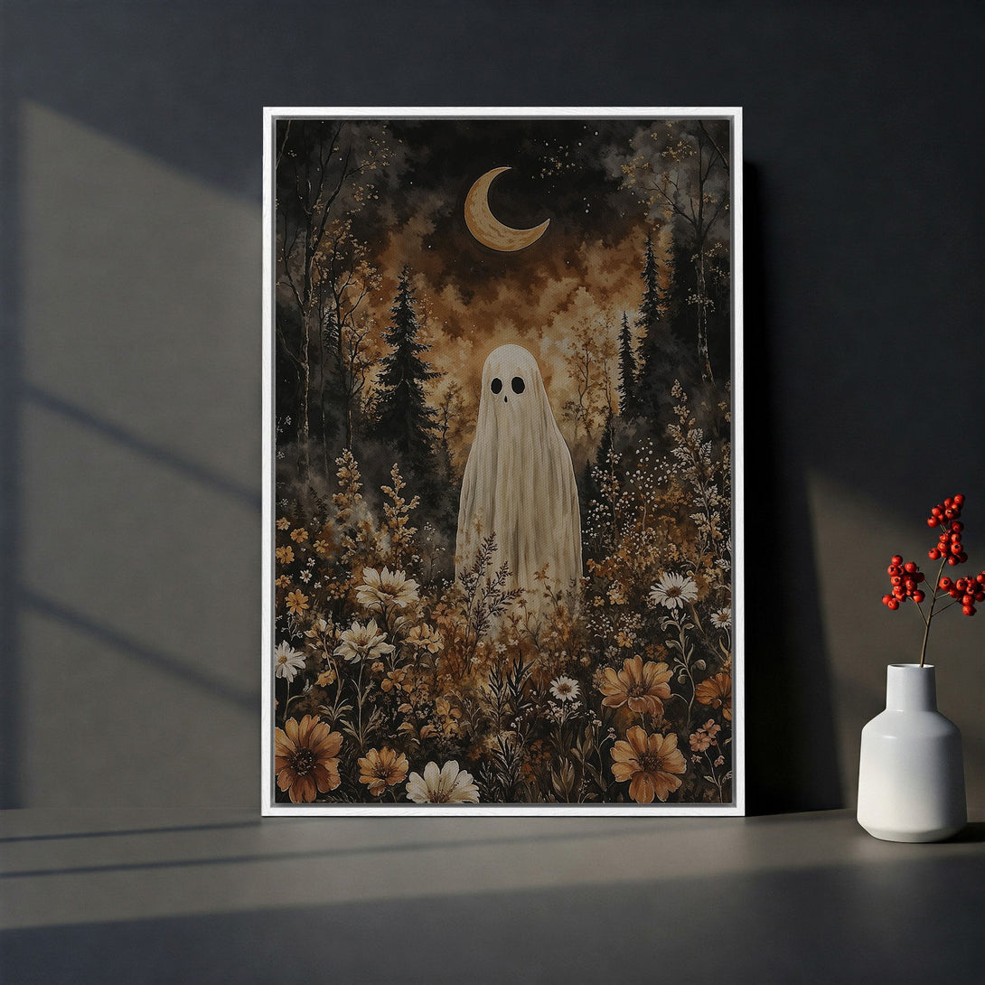 Framed Wall Art: Spooky ghost in a floral forest, watercolor style, warm earthy tones. Perfect Halloween decor! Add this Canvas Print to your home.