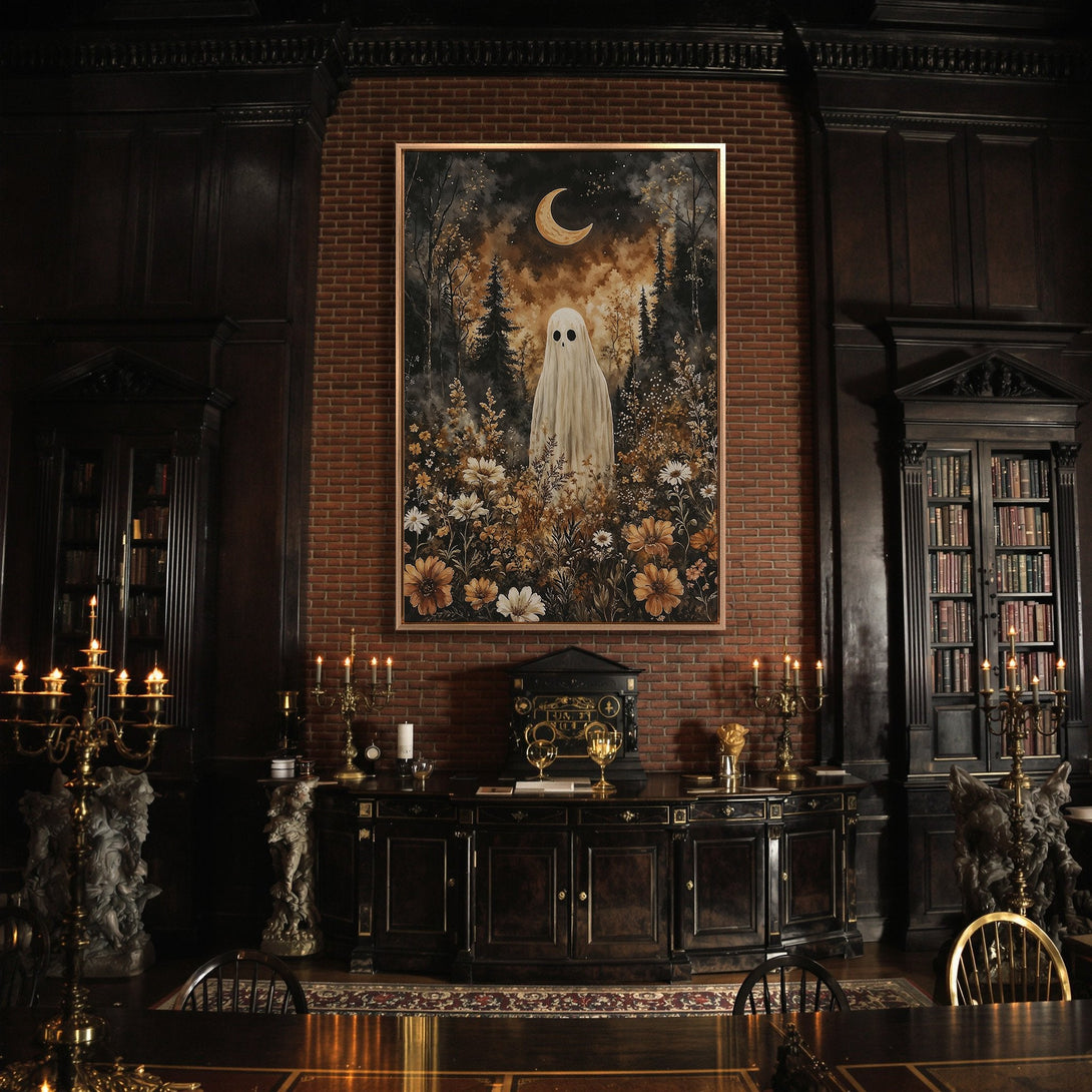 Framed Wall Art featuring a whimsical ghost in a forest, with a warm, earthy color palette. Perfect for adding a touch of spooky elegance to your home.