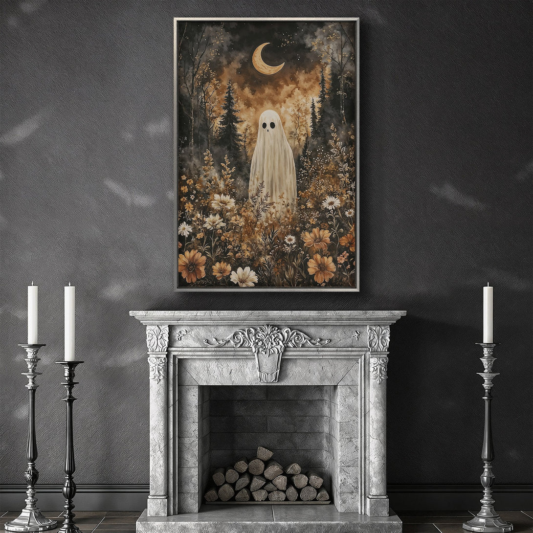 Framed Wall Art: Spooky ghost in a forest scene with a warm, autumnal color palette. Perfect for Halloween decor! Available as a Canvas Print.