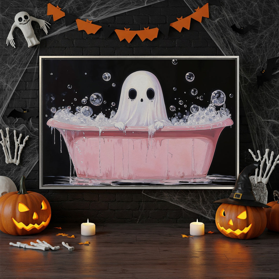 Framed Wall Art: Spooky ghost in a pink bathtub. Whimsical Halloween art in black, white, and orange. Perfect for adding a touch of fun to your home decor.