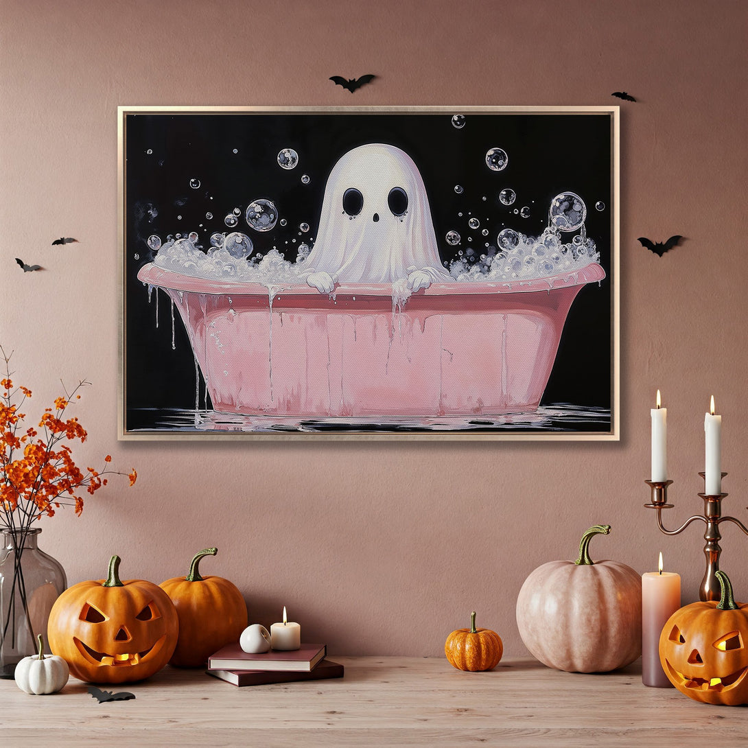 Framed Wall Art: Cute ghost in a pink bathtub. Whimsical Halloween art with a soft, pastel color palette. Perfect for spooky season decor.