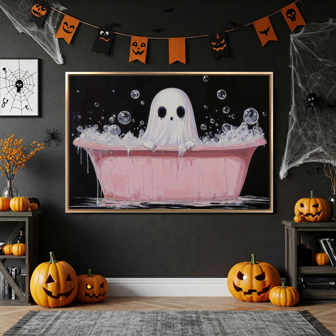 Framed Wall Art: Spooky ghost in a pink bathtub, whimsical style, set against a black background with Halloween decor. Perfect for seasonal decorating.